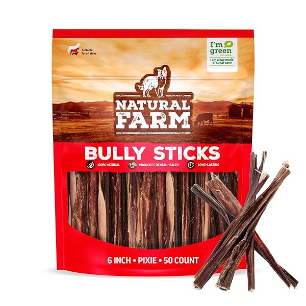 NATURAL FARM BULLY STICKS (6 INCH, 50 PACK), THIN PIXIE PIZZLE BEEF TREATS, GRAIN-FREE, HIGH PROTEIN, BEST RAWHIDE ALTERNATIVE FOR SMALL, PUPPIES OR SENIOR DOGS