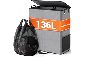 SmartTrends Large Double Laundry Hamper with Lid, Removable Bags & Reinforced Handles, 2 Section Tall Laundry Basket, Dirty Clothes Hampers for Laundry Room, Bedroom, Bathroom, Dorm, 136L, Gray