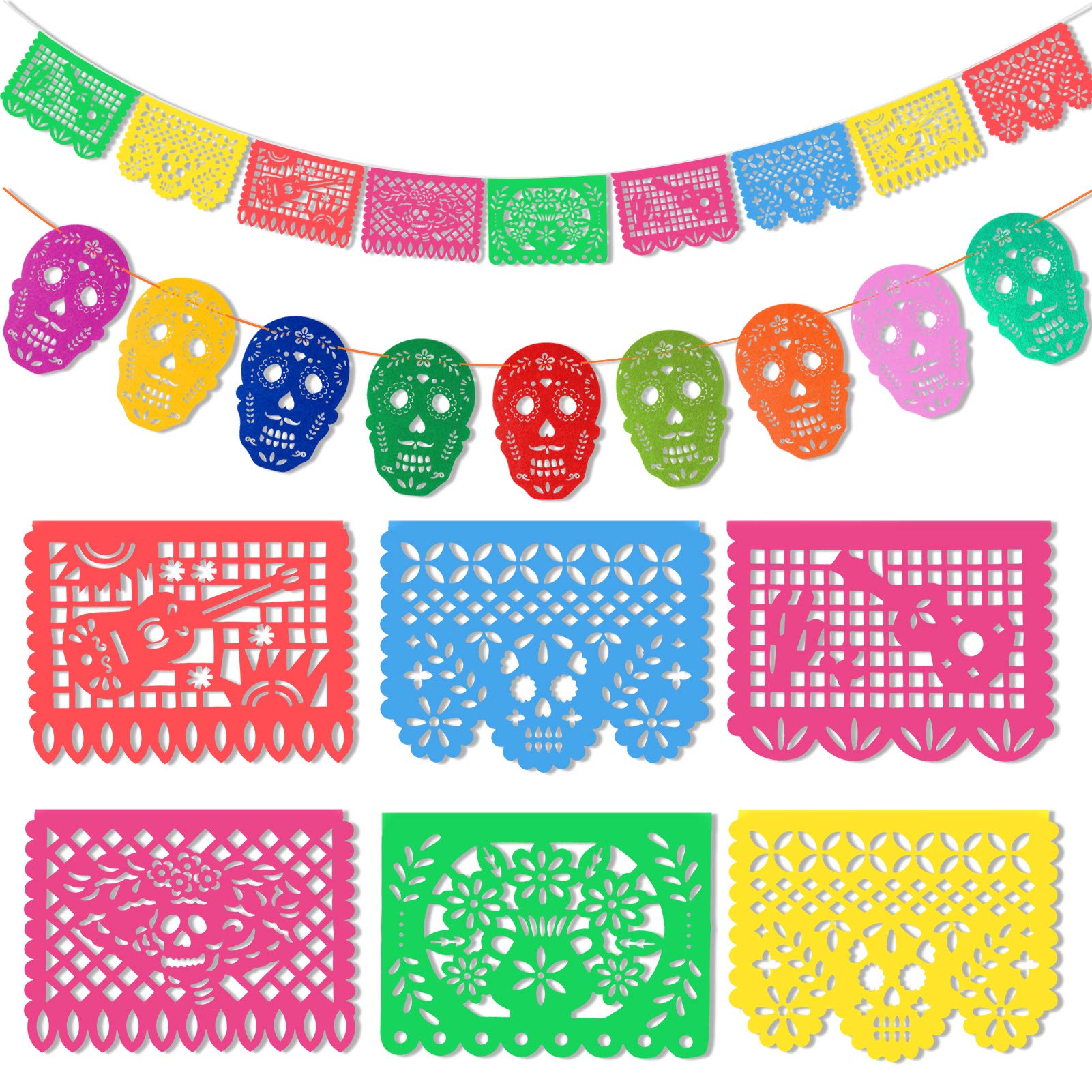 HOWAF 2 Pcs Plastic Papel Picado Mexican Fiesta Banners Day of the Dead Skull Bunting Banner Halloween Dia De Los Muertos Mexicano Banners for Cinco De Mayo Decorations Mexican Party Supplies
