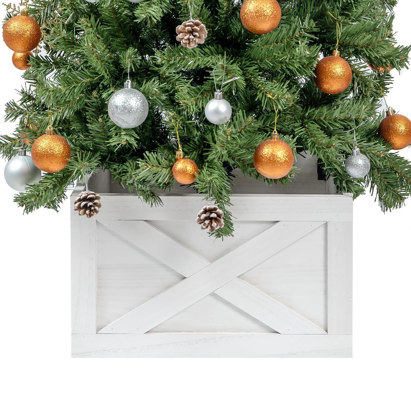 Photo 1 of Kriitools Wooden Christmas Tree Collar Box,22In Rustic Christmas Tree Skirt,Vintage Weathered Wood Christmas Tree Decor,4-Piece Christmas Tree Base Cover,Fit Below 20.5" Stands,White