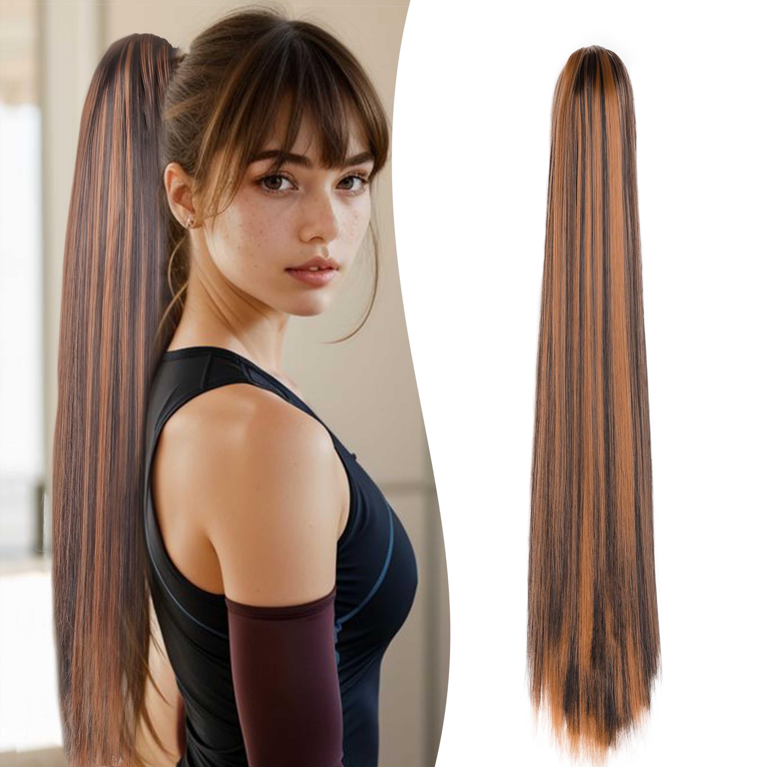 Gairyan 24 inch Ponytail Extension Long Straight Pony Tails Claw on Ponytail Synthetic Hairpieces for Women Soft Natural Look (Dark Brown & Auburn)