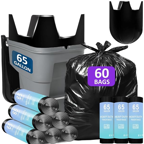 65 GALLON TRASH BAGS HEAVY DUTY 1.2 MIL 60 COUNT BULK WITH 4 INNOVATIVE FLAP TIES | COMPATIBLE WITH RUBBERMAID BRUTE 65 GALLON ROLLOUT TRASH CAN BIN | TEAR & LEAK RESISTANT BLACK