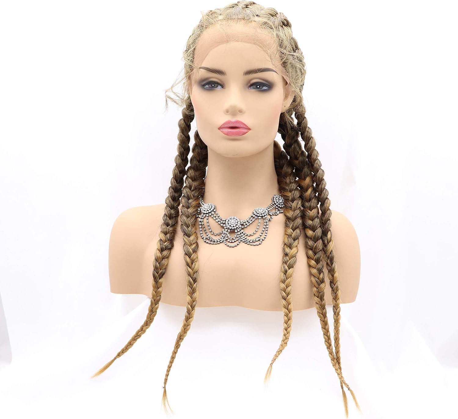xiweiya Long Mixed Blonde Brown Braided Wig 5xTwist Box Braids Hairstyles Cornrow Braid Wig with Baby Hairs Afro Braids Crochet Braids Xpression Braiding Hair For Women 32inch