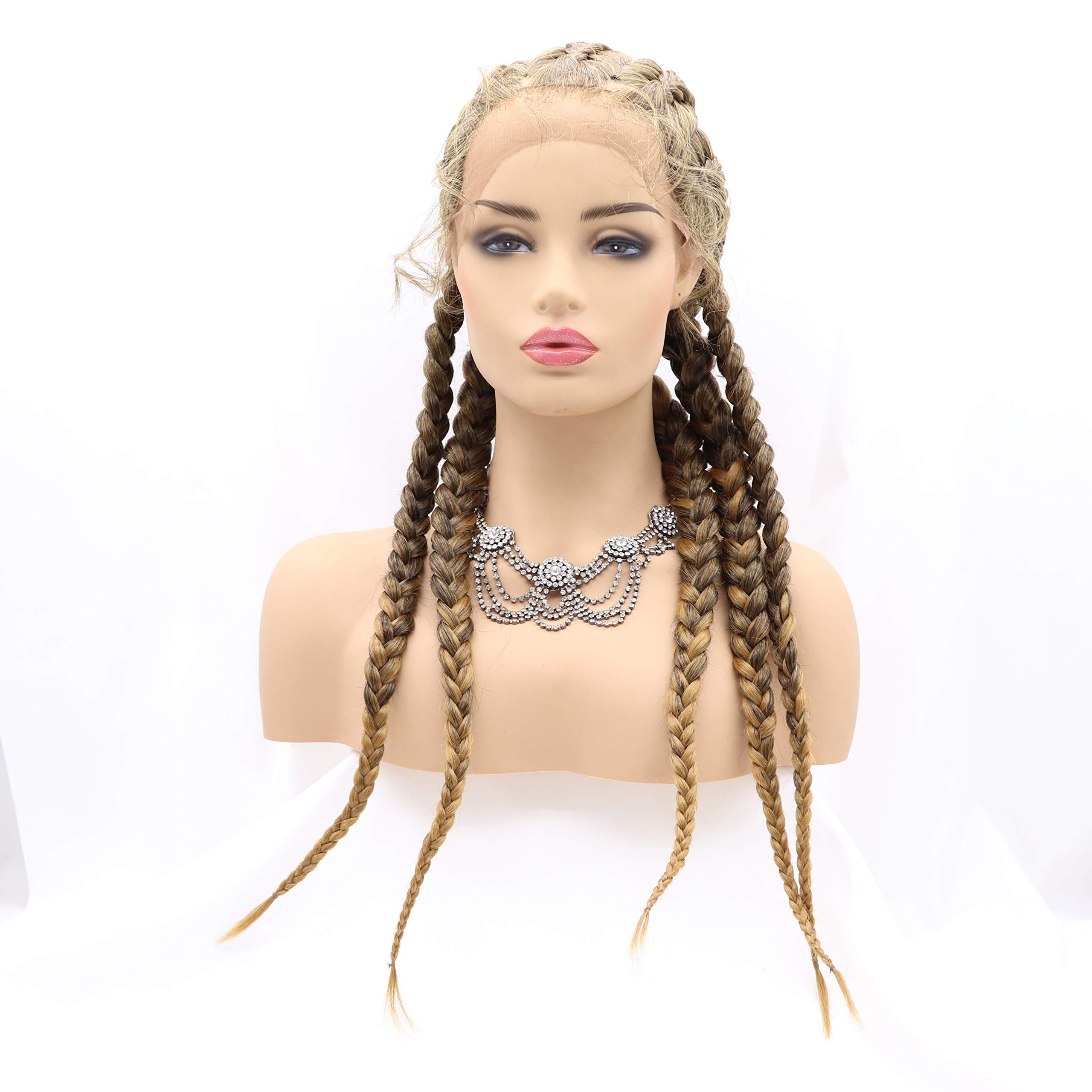 xiweiya Long Mixed Blonde Brown Braided Wig 5xTwist Box Braids Hairstyles Cornrow Braid Wig with Baby Hairs Afro Braids Crochet Braids Xpression Braiding Hair For Women 32inch