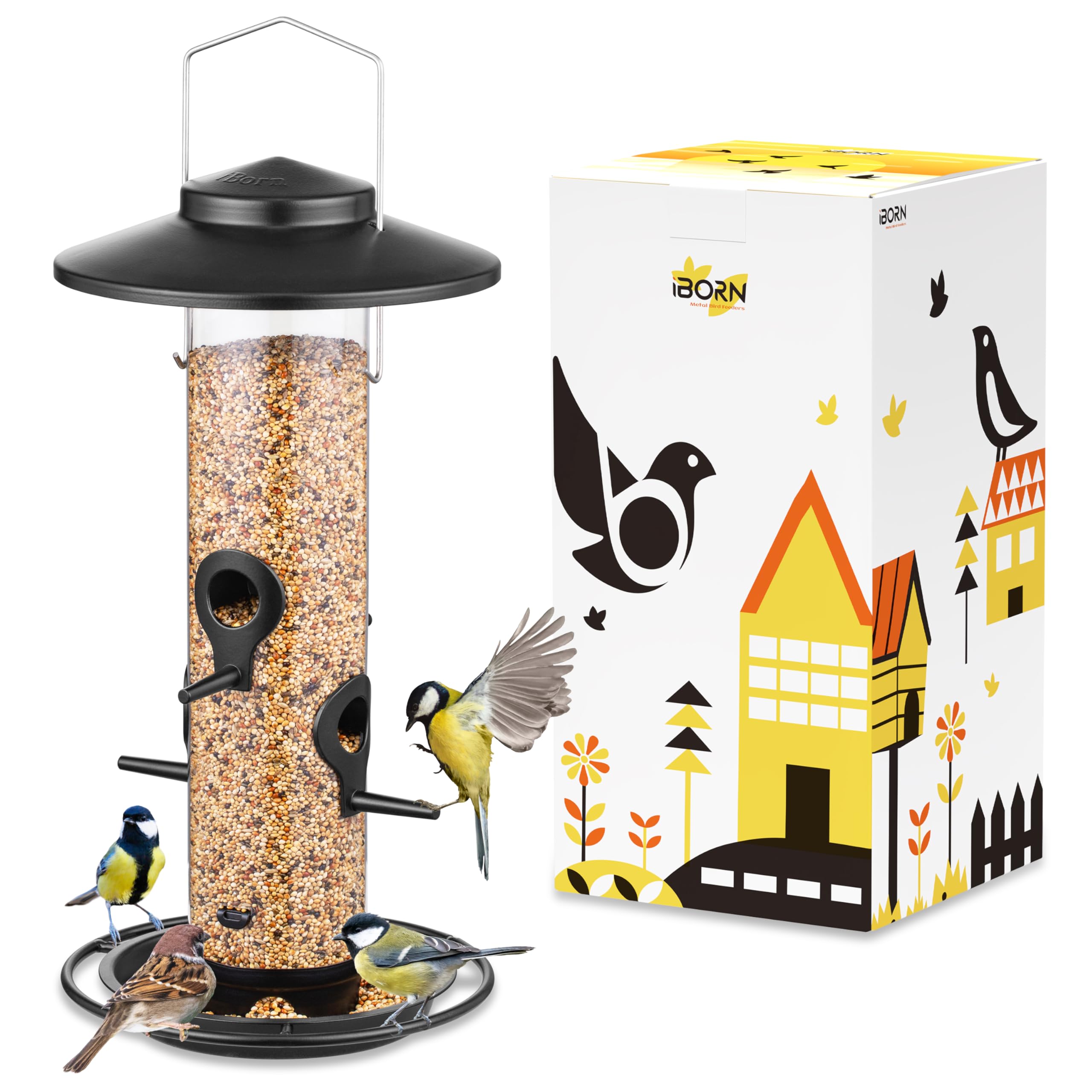 iBorn Bird Feeders for Outdoors Metal Bird Feeder for Cardinal, 2LB Bird Seed Feeder 17cm Large Roof &Tray, 4 Feeding Ports, Black Finish