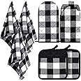 7 Pieces Buffalo Check Dish Towels Pot Holders Oven Mitts Set Cotton Plaid Kitchen Dish Towels Non-Slip Heat Resistant Oven Mitts and Pot Holders for Cooking Baking Grilling Supply (Black with White)