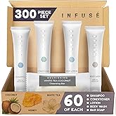 Infuse Pure White Tea and Coconut Hotel Soaps and Toiletries Bulk Set | 1-Shoppe All-In-Kit for Airbnb | 1oz Shampoo & Conditioner, Body Wash, Lotion & 1.25oz Bar Soap | Travel Size 300 Pieces