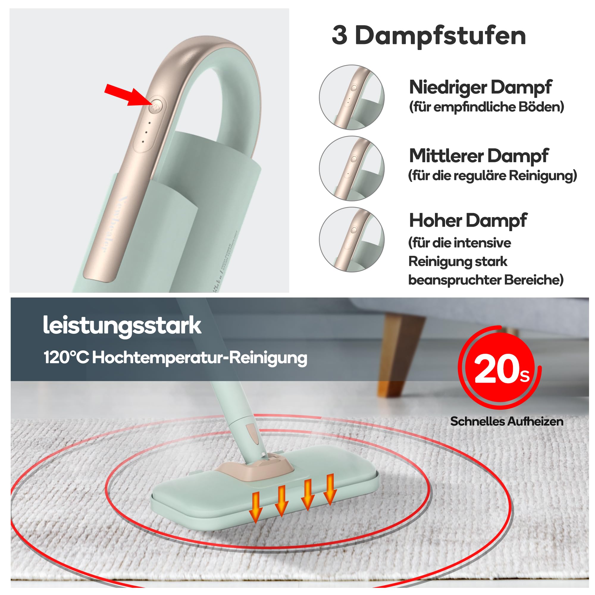Newbealer 2-in-1 Dampfreiniger, 1200W Handgerät mit abnehmbarem Reiniger, 3 Dampfstufen, 7 Zubehörteile und 2 Mikrofaserpads, Ideal für Alle Böden, Teppiche 2