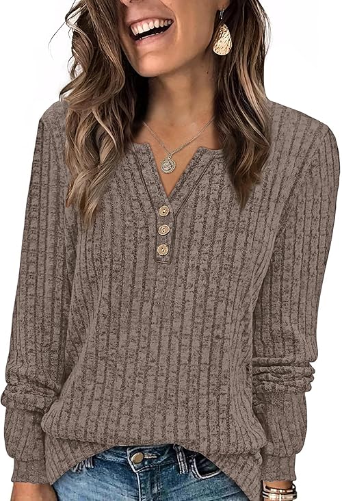 WIHOLL Sweaters for Women Long Sleeve Shirts for Women Early Fall Fashion 2025 Button Down Thermal Shirts Basic Tunic Tops Winter Clothing Teacher Outfits Travel Work Brown M