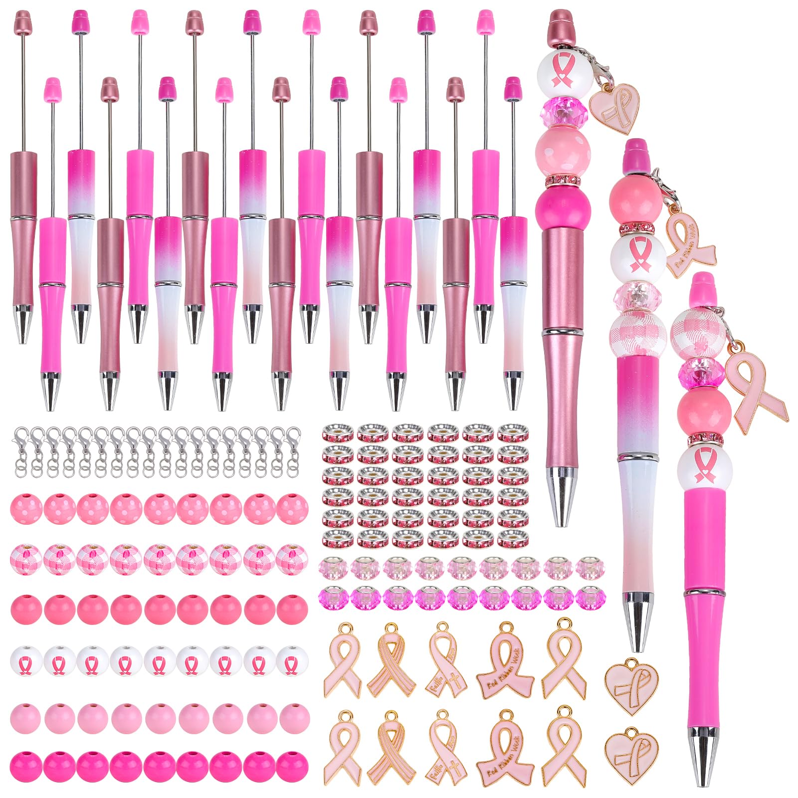 WEWAYSMILE DIY Black Ink Pens Beaded, Breast Cancer Pink Beadable Pens Sets, Include 18 Beadable Pens 18 Breast Cancer Awareness charms 108 Beads, for Office School Supplies