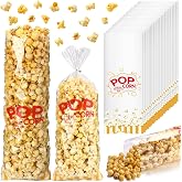 Dunzoom 500 Pcs Plastic Popcorn Bags, 17x7 Inch, Yellow pop | Printed with Twist Ties Included, Greaseproof PE Safe for Hot Cold Use, Freezable Cellophane Wrap for Carnival Party Snacks