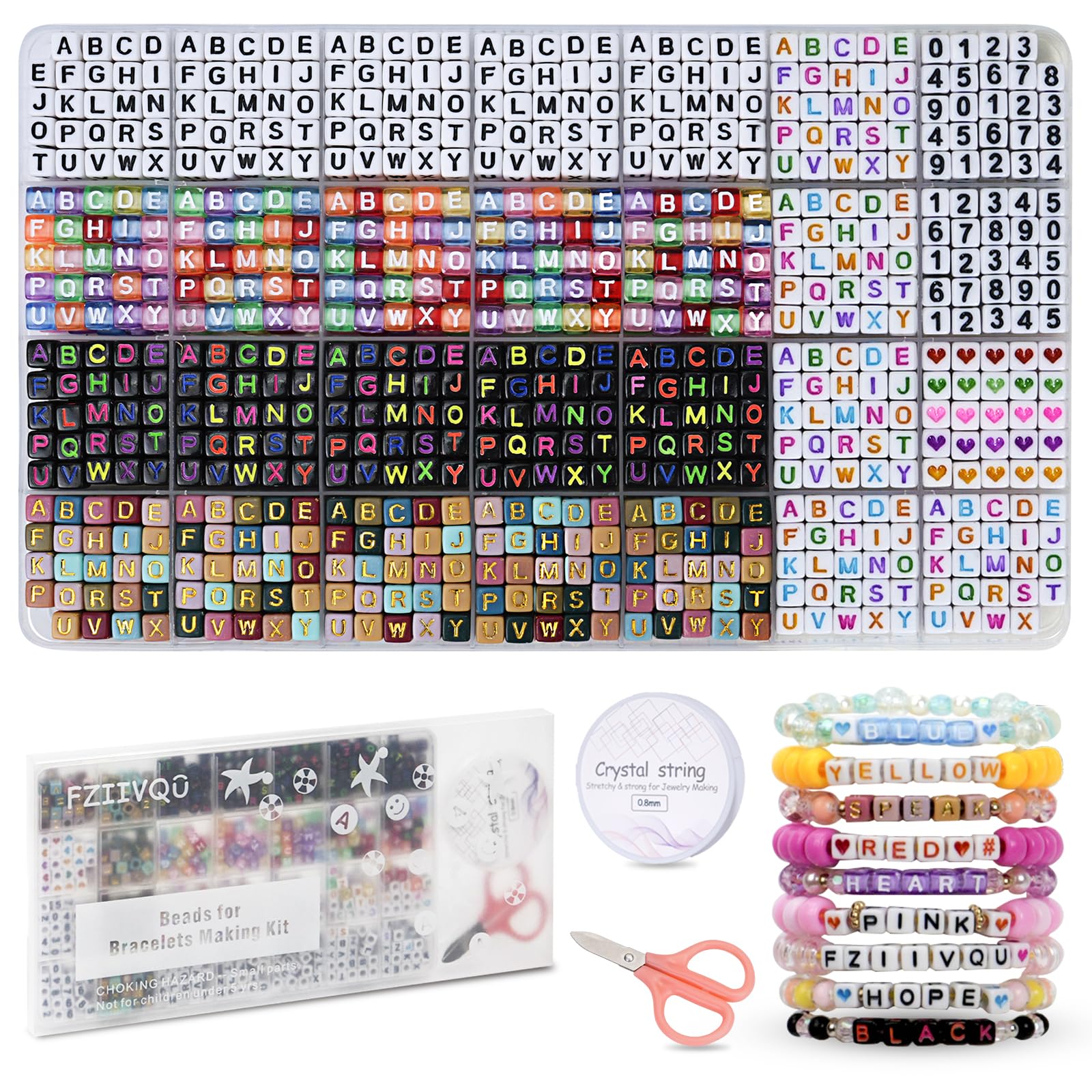 FZIIVQU 1120Pcs Acrylic Square Letter Beads, 5 Colors 6x6mm Alphabet Number Hearts Beads for Jewelry Making, DIY Necklaces, Key Chains, Friendship Bracelets