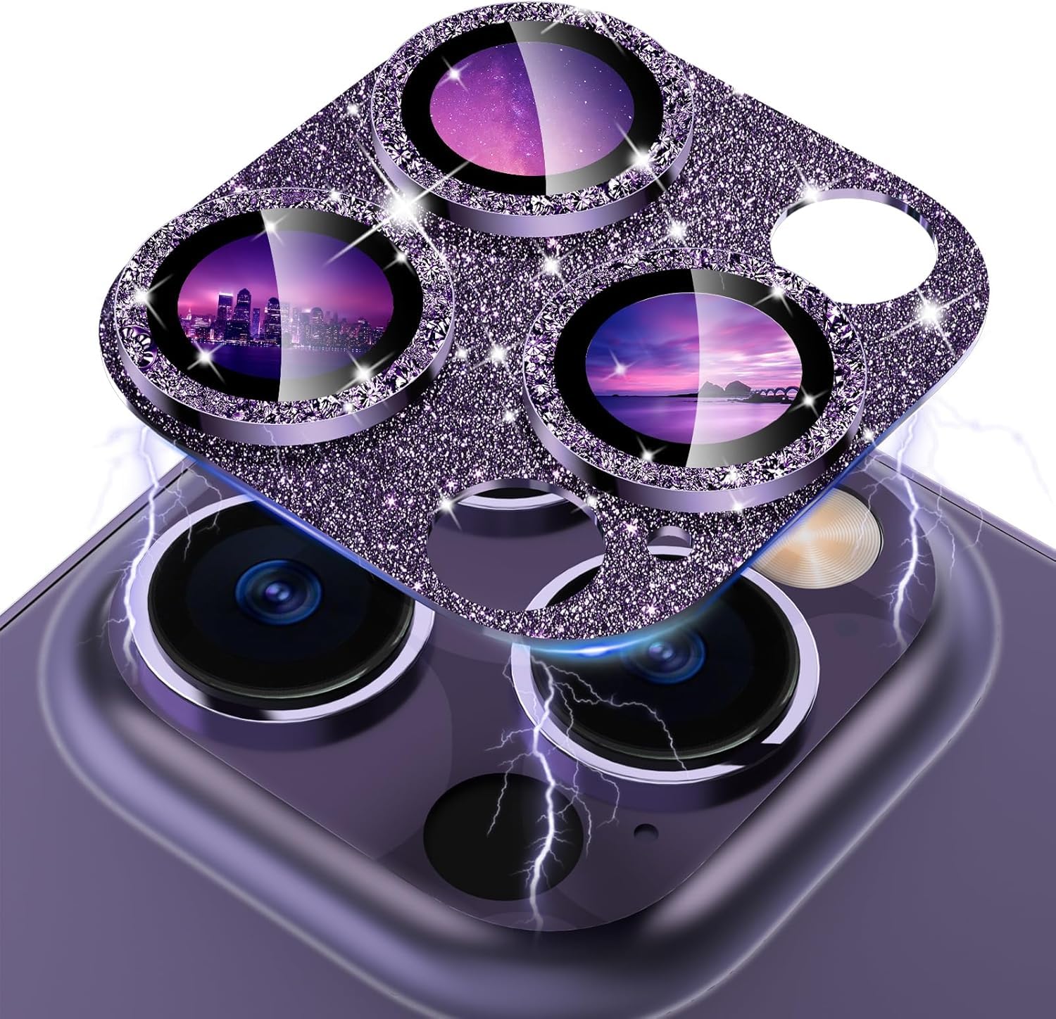 Photo 1 of CloudValley for iPhone 14 Pro/iPhone 14 Pro Max Glitter Camera Lens Protector, 9H Tempered Glass [All in 1 Design], Case Friendly Anti-Scatch High Definition, GlitterPurple