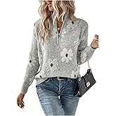 SOLY HUX Women's Quarter Zip Floral Sweaters Long Sleeve V Neck Casual Pullover Going Out Sweater Tops