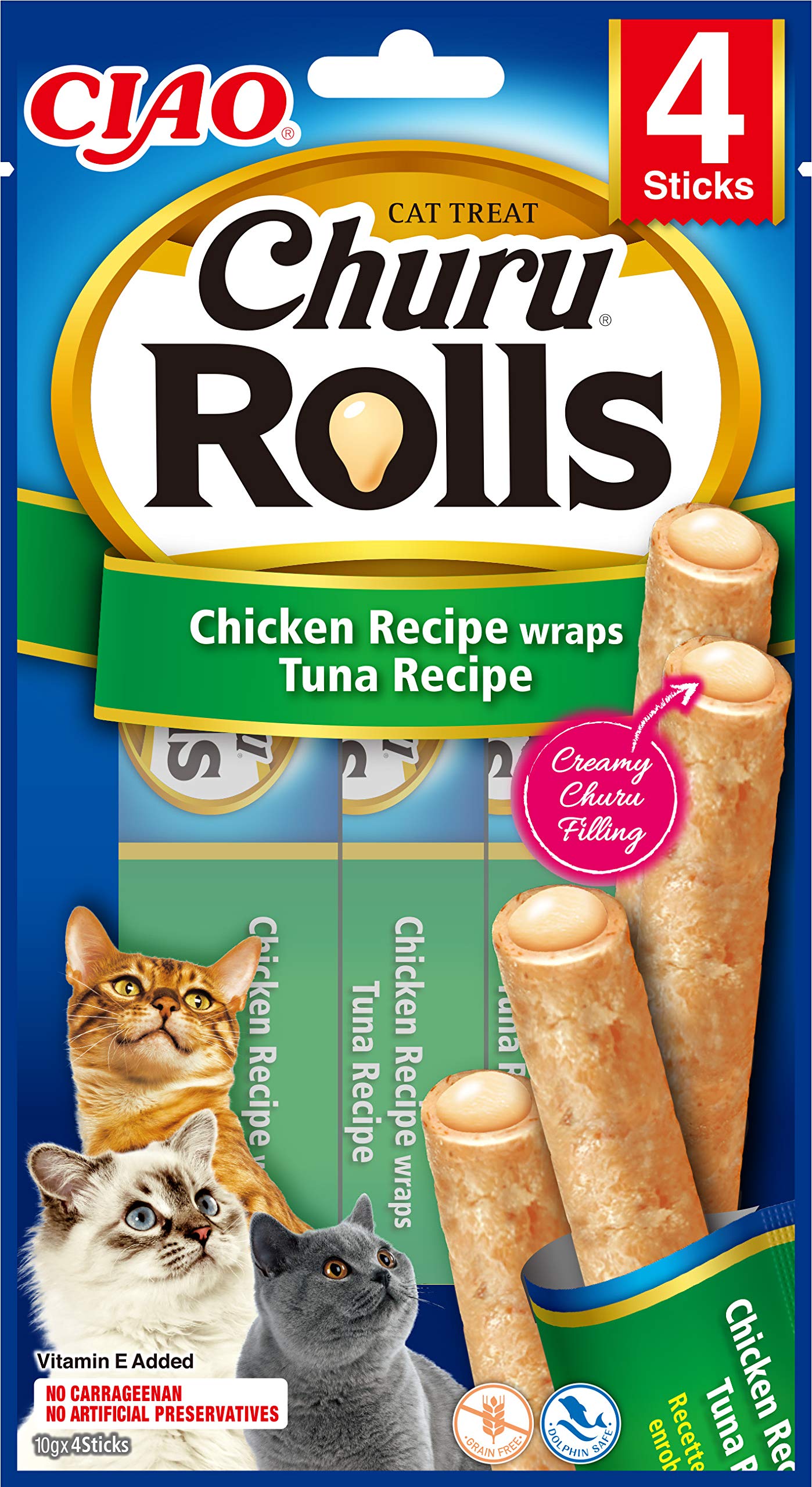 Ciao Churu Rolls by INABA Cat Treat - Chicken & Tuna Flavour 12 Pack (48 x 10g total) / Crispy Sticks with Creamy Filling Cat Treat, Delicious & Healthy Snack, Hand Feeding, Natural, Grain Free
