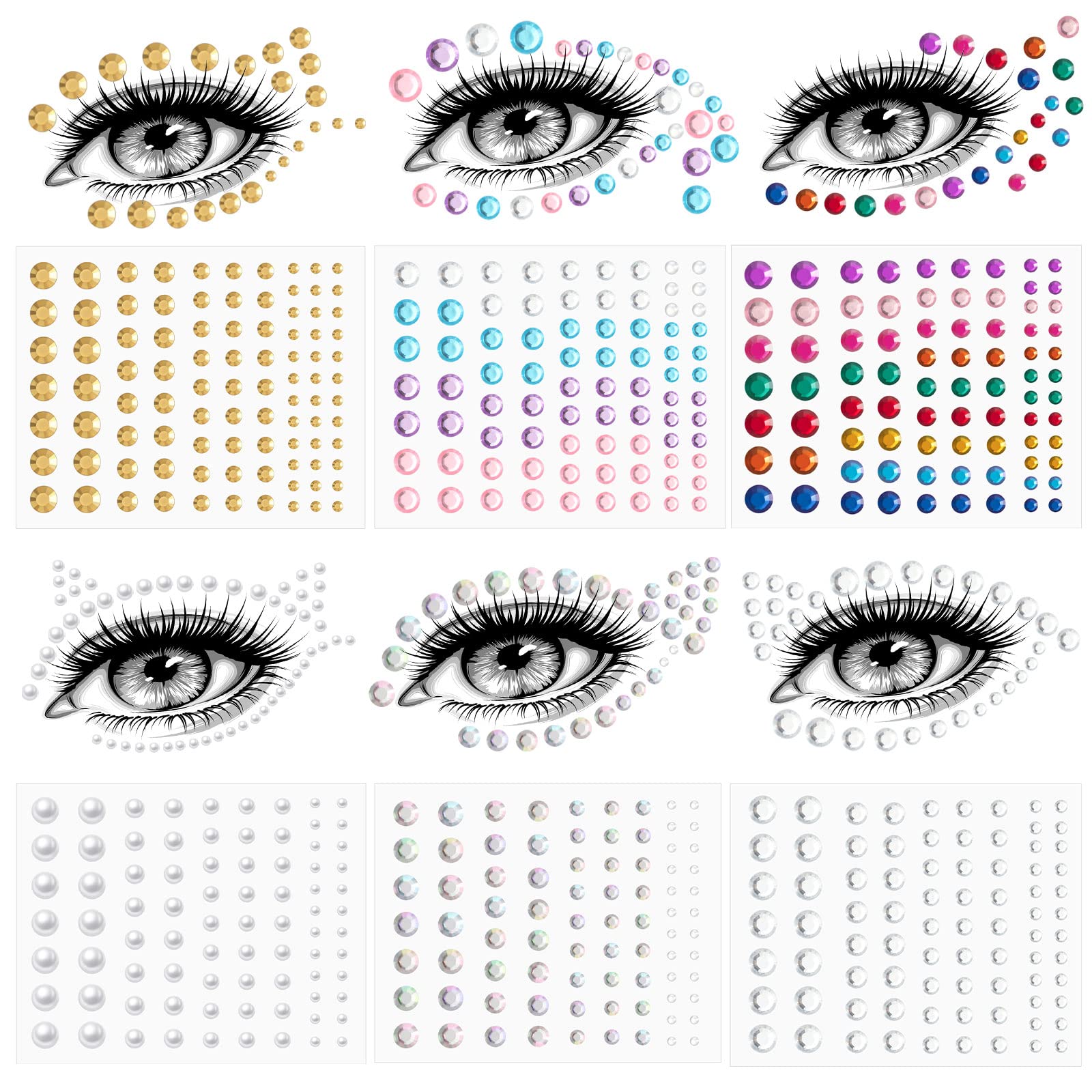 LOYIM 6 Sheets Rainbow Face Gems Rhinestone Stickers Self Adhesive Gems Stick for Face Eyes Nails Forehead Festival Make up Crystals Sticker for Makeup Party Festival Decoration