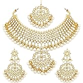 Aheli Indian Traditional Maang Tikka with Kundan Necklace Earrings Set Ethnic Wedding Bharatanatyam jewellery set Gift for Women