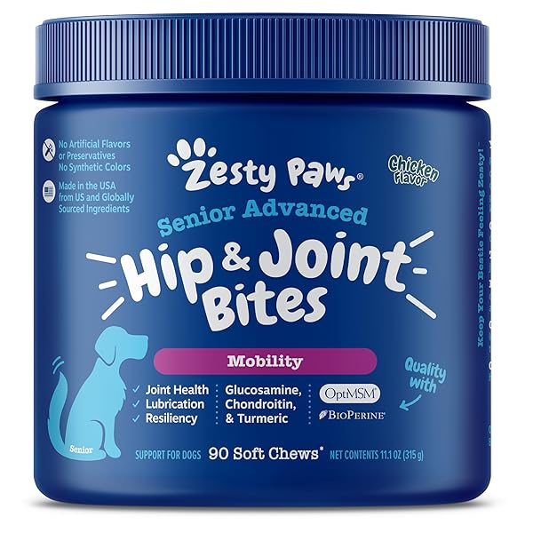 ZESTY PAWS MOBILITY BITES JOINT SUPPLEMENT FOR DOGS – SOFT CHEWS WITH GLUCOSAMINE FOR DOGS, CHONDROITIN, & MSM + VITAMINS C AND E – ADV CHICKEN – 90 COUNT