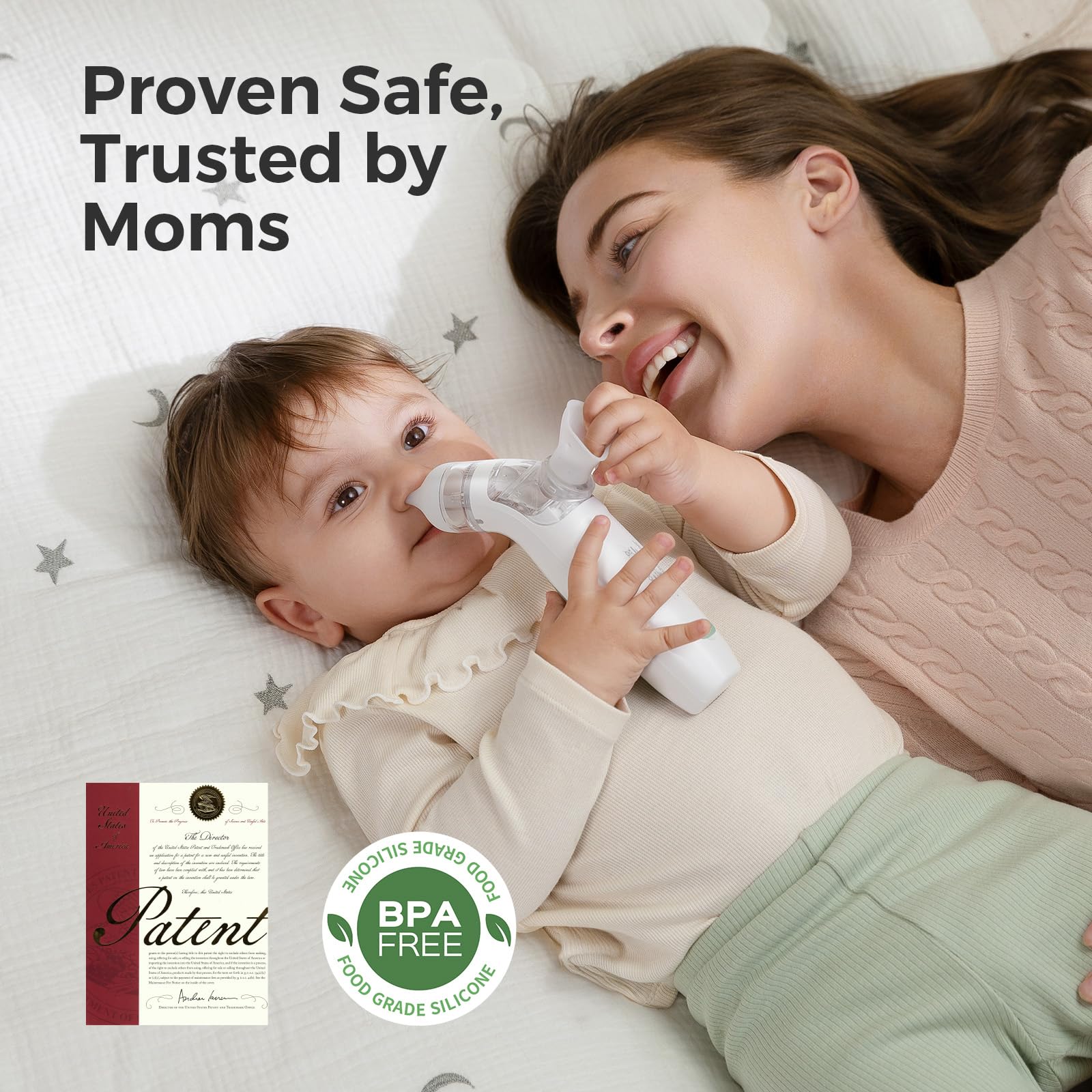 Momcozy BreezyClear™ 2-in-1 Electric Nasal Aspirator with Spray, Nasal Aspirator for Baby, 65kPa Nose Sucker with 4 Adjustable Suction Levels,Portable Electric Nose Cleaner,Light & Music Soothing