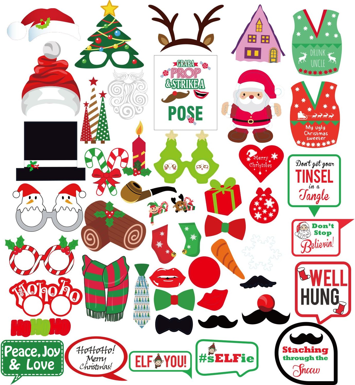 Christmas Photo Booth Props Sign Kit for Funny Christmas Party Decoration,Holiday Party Supplies,Xmas Party Favors-47 Count Selfie Props with Ugly Sweater,Santa,Snowman Glasses (Christmas)