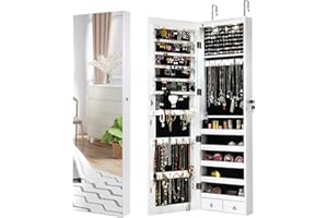 COSTWAY Mirror Jewelry Armoire, Wall Door Mounted Jewelry Organizer w/Full-length Mirror and 2 LED Lights, Lockable Large Cap
