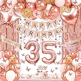35th Birthday Decorations for Women, Rose Gold 35 Birthday Party Decorations Include Heart Star Foil Confetti Balloons, Rose Gold Fringe Curtain, Hanging Swirls