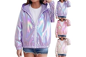 Girls Metallic Jacket Leather Waterproof Hooded Rain Coats Gradient Iridescent Glitter Jackets Boys Stage Spring Coat