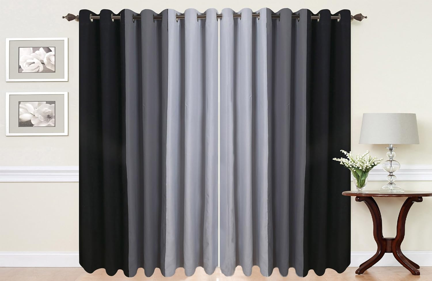 Eyelet Curtains Ring Top Fully Lined Pair Ready Made 3 Tone Black