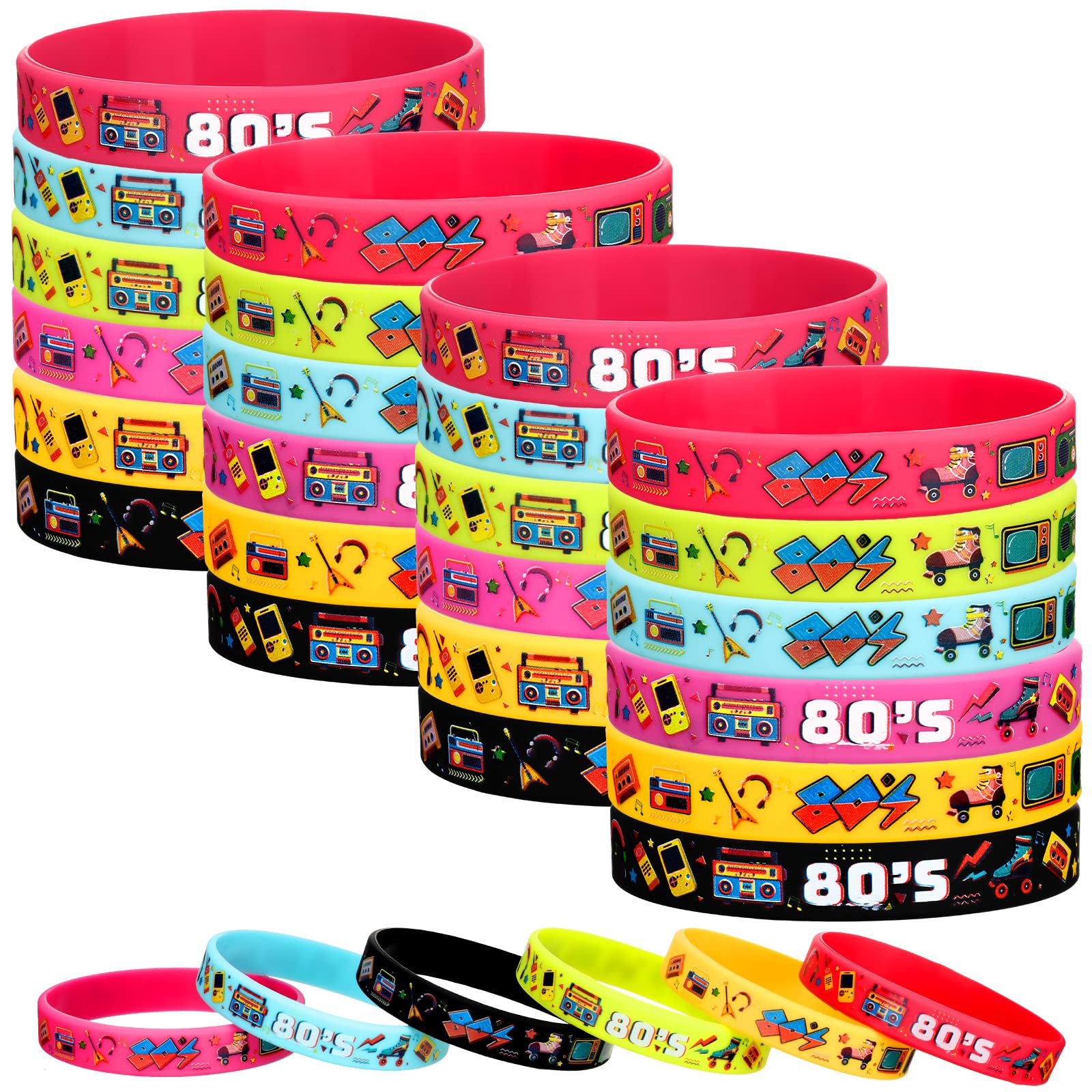 Photo 1 of Leitee 48 Pcs 80s Party Favors 1980s Themed Silicone Bracelets 80s Jewelry for Women Men Radio Roller Skate 80s Bracelets Retro Rubber Wristbands for 1980s Party Birthday Music Party Supplies