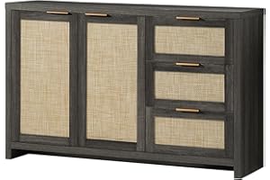 OAKHAM HOME Kitchen Storage Cabinets, Buffet Cabinet with Storage Rattan Sideboard Cabinet Organizer 3 Drawers and 2 Doors Accent Console Table for Kitchen Hallway Living Room bar (Midnight Oak)