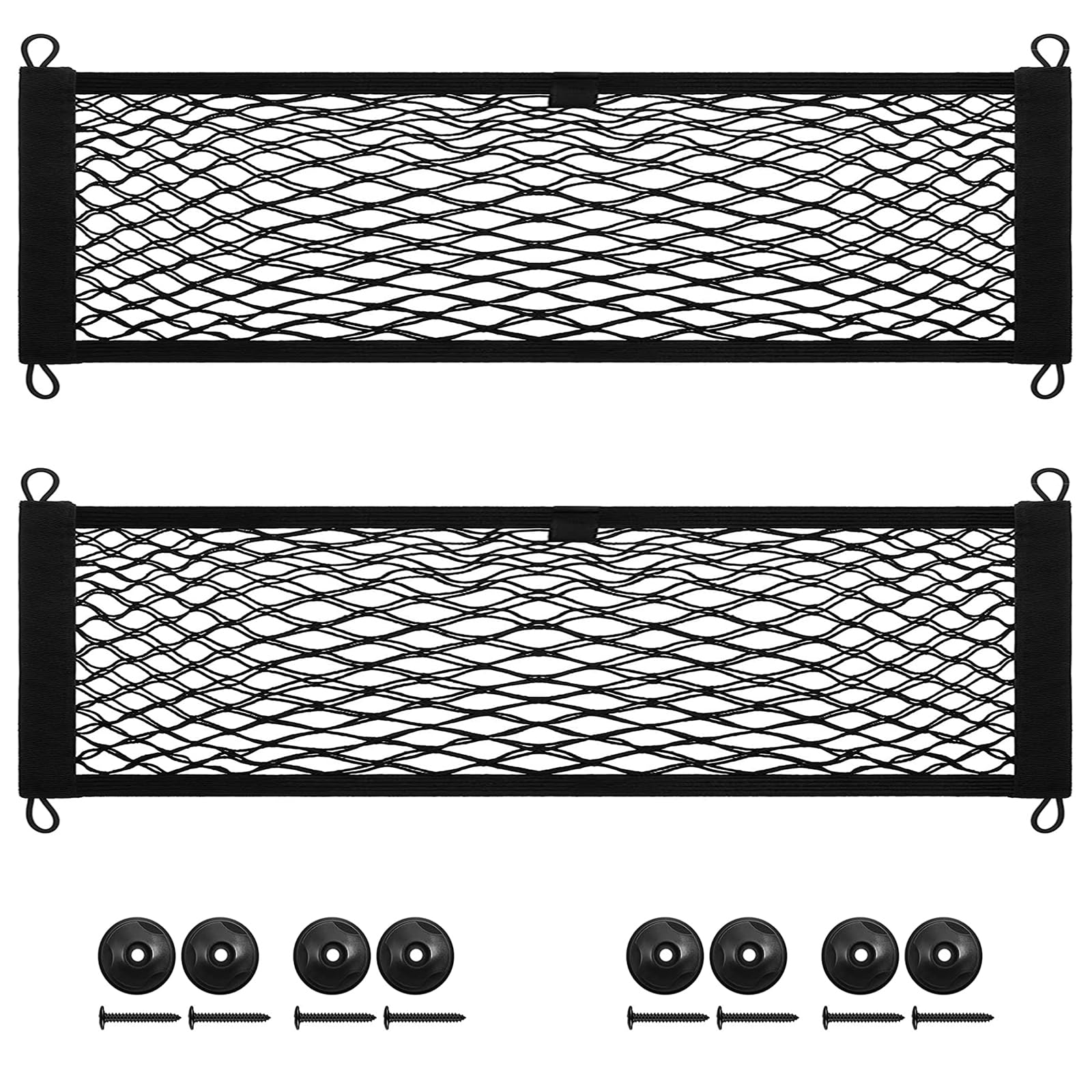 Photo 1 of 2 Pack Cargo Storage Net, 28.7"x9.8" DEDC Cargo Net Pocket Universal Accessories Elastic Automotive Large Cargo Net Storage Mesh Pocket with 8 Mounting Screws, Hooks for Truck Car SUV Boat