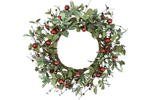 YNYLCHMX 20 Inch Christmas Wreath for Front Door, Winter Wreath with Welcome Sign Eucalyptus leaves Red Berry, Artificial Door Xmas Wreaths for Window Wall Fireplace Farmhouse Holiday Party Decoration