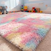 Maasechs 16 Pcs Pastel Shaggy Fur Floor Tiles, 11.8 in Puzzle Mat | Faux Fur Squares 16 Sq ft, Nursery Playroom Bedroom, 0.4 Inch EVA Foam Cushion, Soft Play Surface, Easy Assembly Design