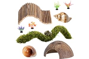 COSOC Hermit Crab Accessories, Natural Adjustable Hermit Crab Climbing Toys Bendable Bridge, Coconut Shell Hideout Hut, Plants for Reptiles & Amphibians Supplies(B-Group-9PCS)