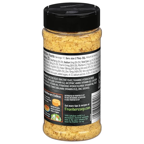 FRONTIER CO-OP PREMIUM NUTRITIONAL YEAST FLAKES, 3.6 OZ. – VEGAN, GLUTEN-FREE, KOSHER, NON-IRRADIATED SEASONING, DAIRY-FREE CHEESE FLAVOR, RICH IN B VITAMINS