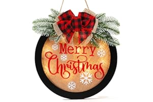 HOMCDALY Merry Christmas Welcome Sign for Front Door, Winter Merry Christmas Wreath with Light, Farmhouse Door Decoration Wooden Hanging Sign, Winter Home Decoration (F-Xmas-Black)