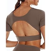 ENERBLOOM Open Back Workout Crop Tops for Women Backless Yoga Shirts Gym Short Sleeve Mild Support Compression Tee with Bra