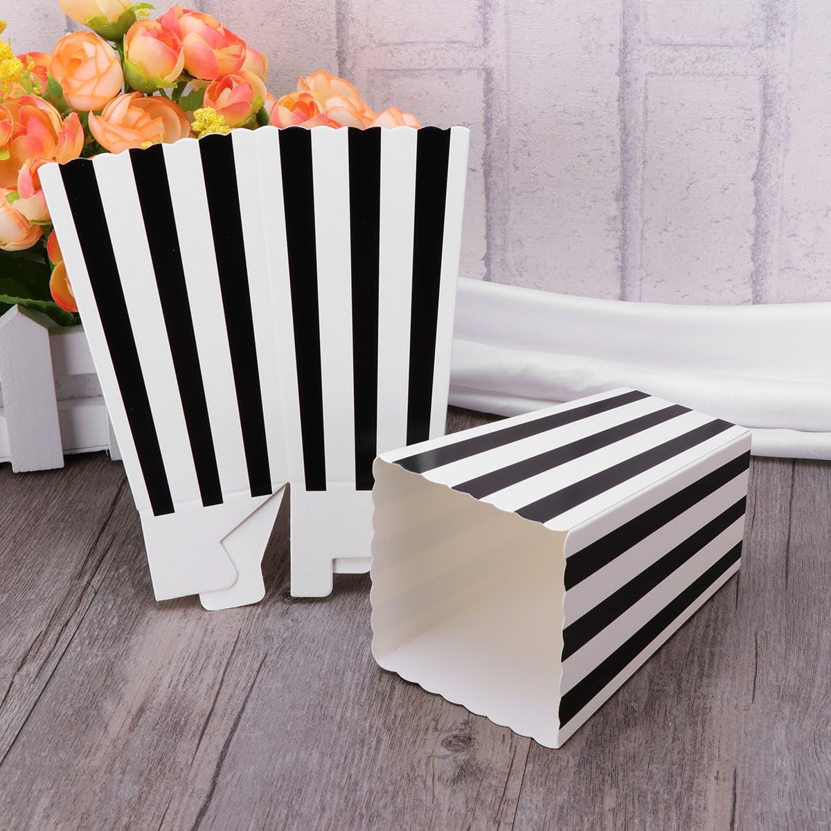 NUOLUX Popcorn Boxes Paper Containers Cartons for Movie Theater Party Supplies Wedding Favors 4.7X7 Inch White Stripe Box Holders 24Pcs - Image 3