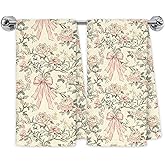 Exqcom Chinoiserie Floral Kitchen Towels Set of 2, Beige and Pink Coquette Kitchen Bathroom Decor, Coquette Bow Preppy Hand Dish Towels for Bathroom, 16x24 Inch