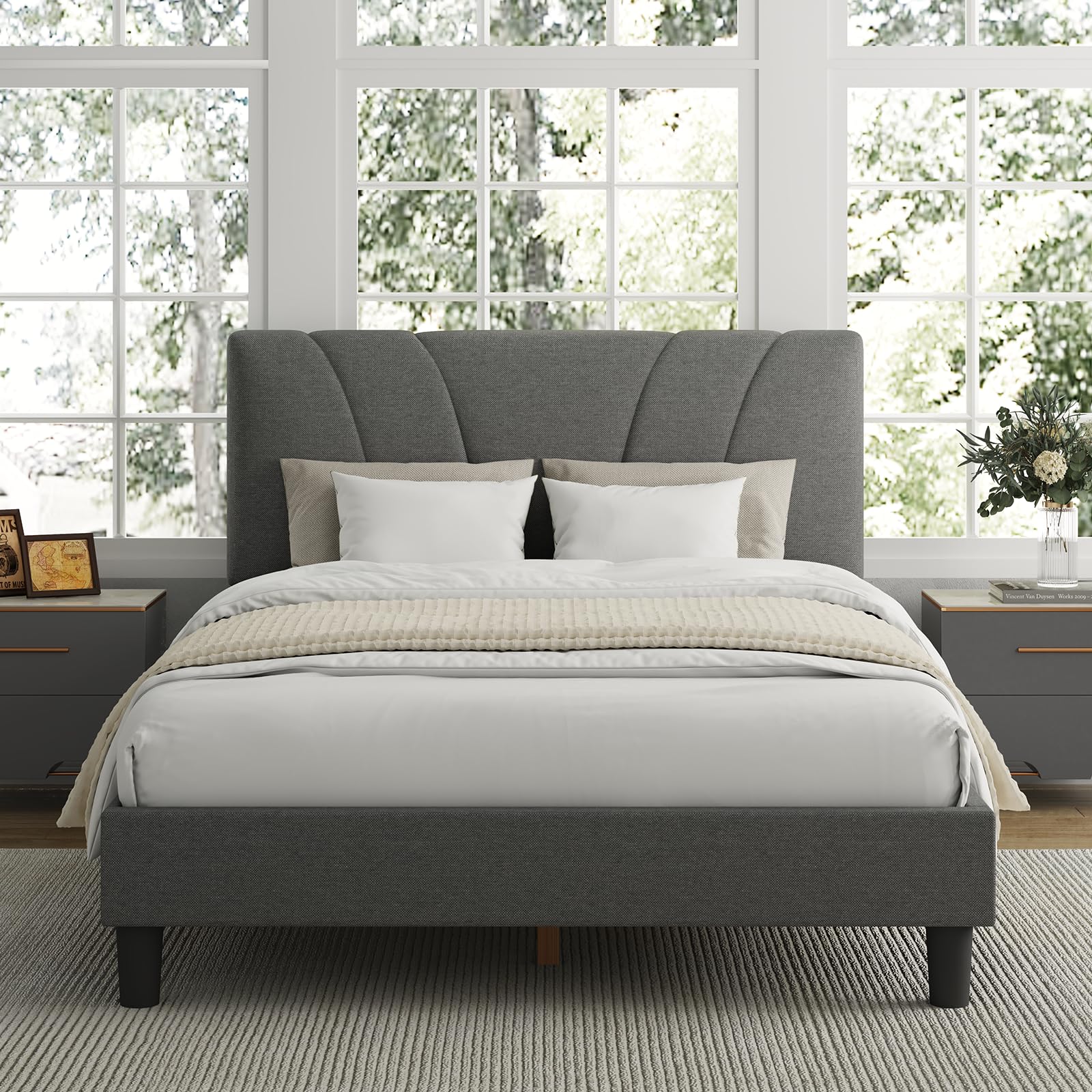 Photo 1 of *** PICTURE FOR REFERENCE, BEIGE ***Avenco King Bed Frame, Upholstered Platform Bed Frame with Adjustable Headboard, Wood Slat Support, Easy Assembly, No Box Spring Needed, Light Grey