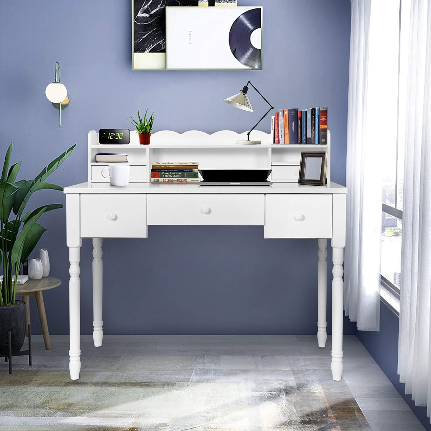 White Writing Desk with Detachable Hutch& 5 Drawers,Modern Computer Workstation for Home Office,Vanity Table