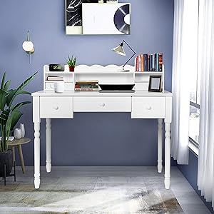 White Writing Desk with Detachable Hutch& 5 Drawers,Modern Computer Workstation for Home Office,Vanity Table