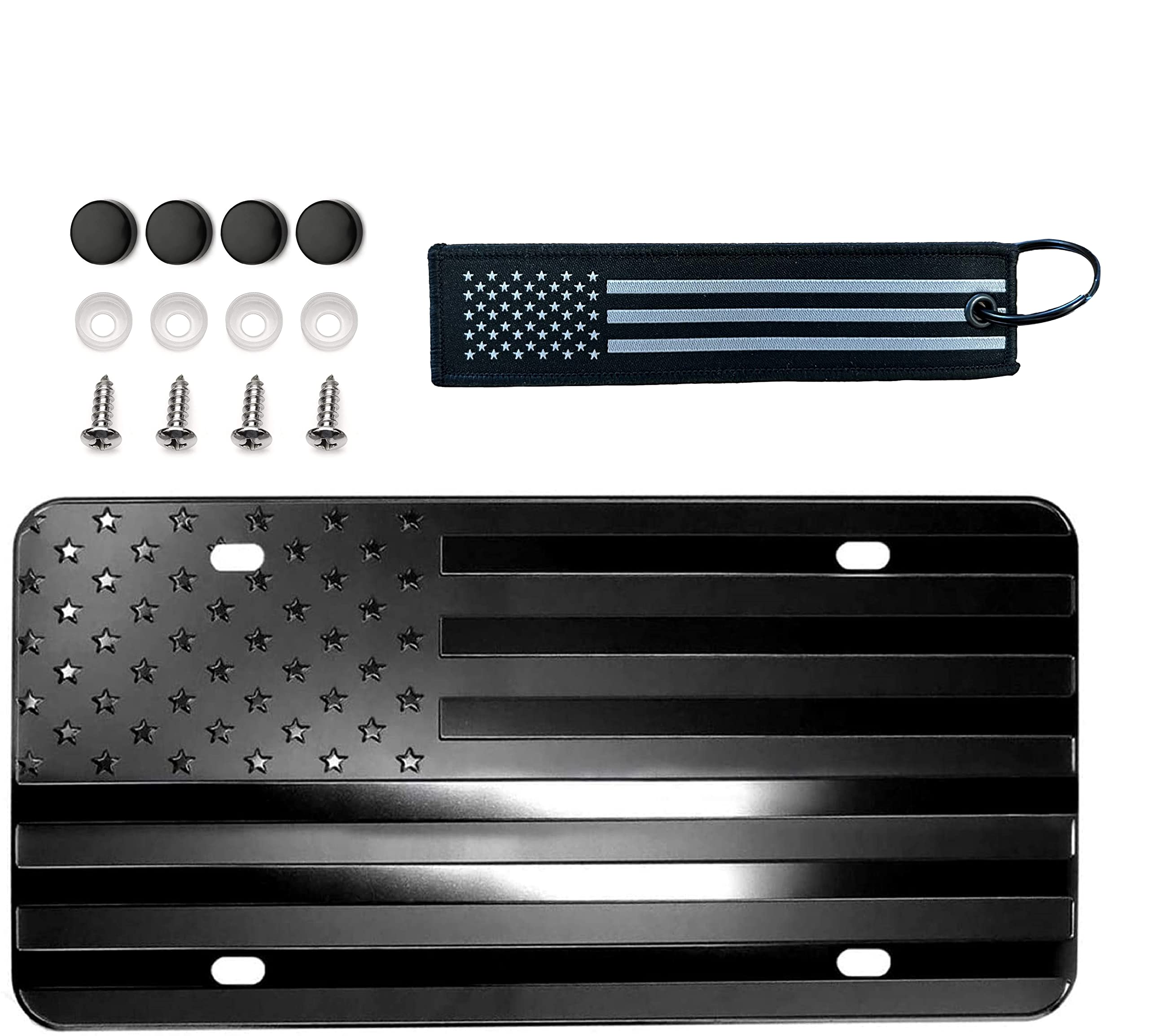 Photo 1 of American Black USA Flag Embossed Custom Designed Aluminum Metal 4 Hole Novelty License Plate, 3D Stars and Stripes Patriotic Vanity Gift Textile Proud US Flag Keychain (Black)