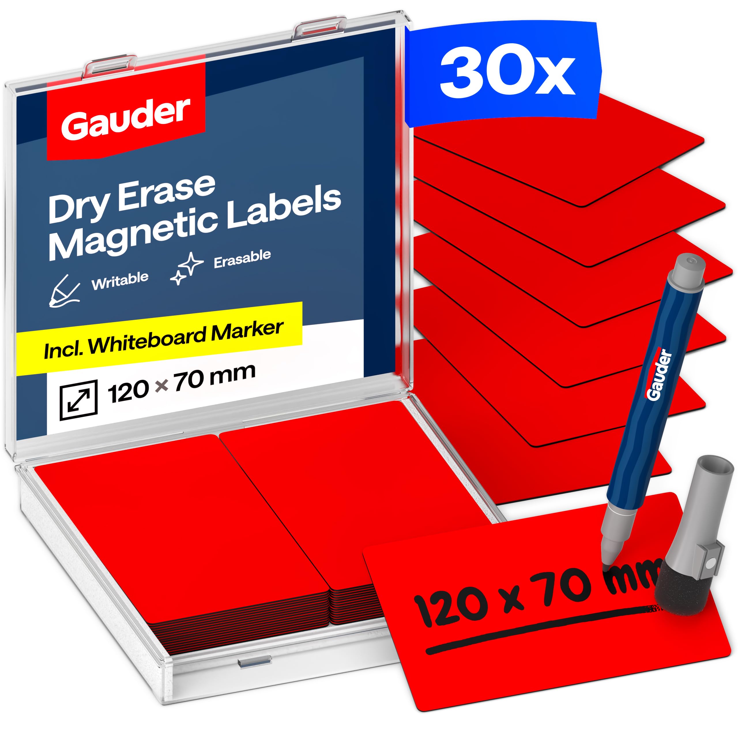 GAUDER Magnetic Labels Writable - Reusable Magnetic Tags for Whiteboard, Blackboard, Kanban Board and Fridge - Magnet Cards with Marker (30 Pieces - 120 x 70 mm)