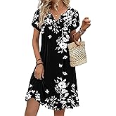 Zeagoo Women's Casual Dresses with Pockets Summer Floral V-Neck A-Line Tshirt Dress Short Sleeve Mini Dress Beach Sundress