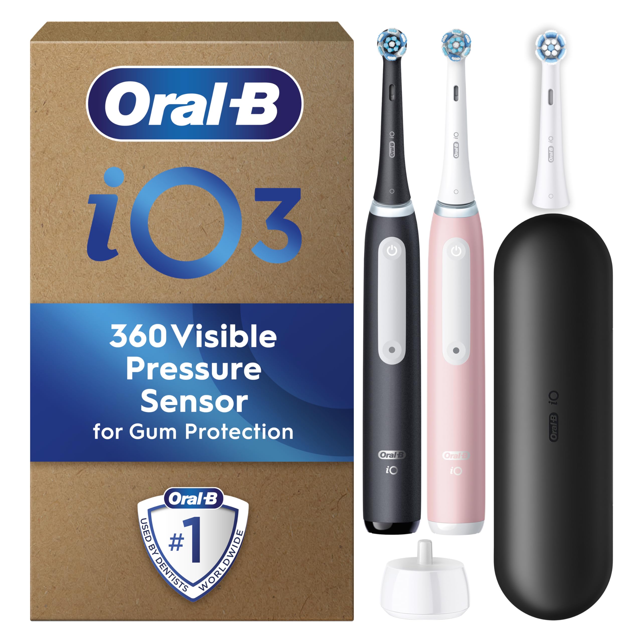 Oral-B iO3 Electric Toothbrush for Adults, 2 Handles, Pink & Black - 3 Brush Heads, Travel Case, Designed by Braun, UK Two Pin Plug