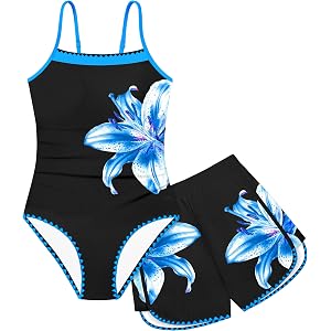 BAVADER Girls One Piece Swimsuits Flower Printed Bathing Suit for Girls Polka Dot Square Neck Padded Swimwear with Shorts