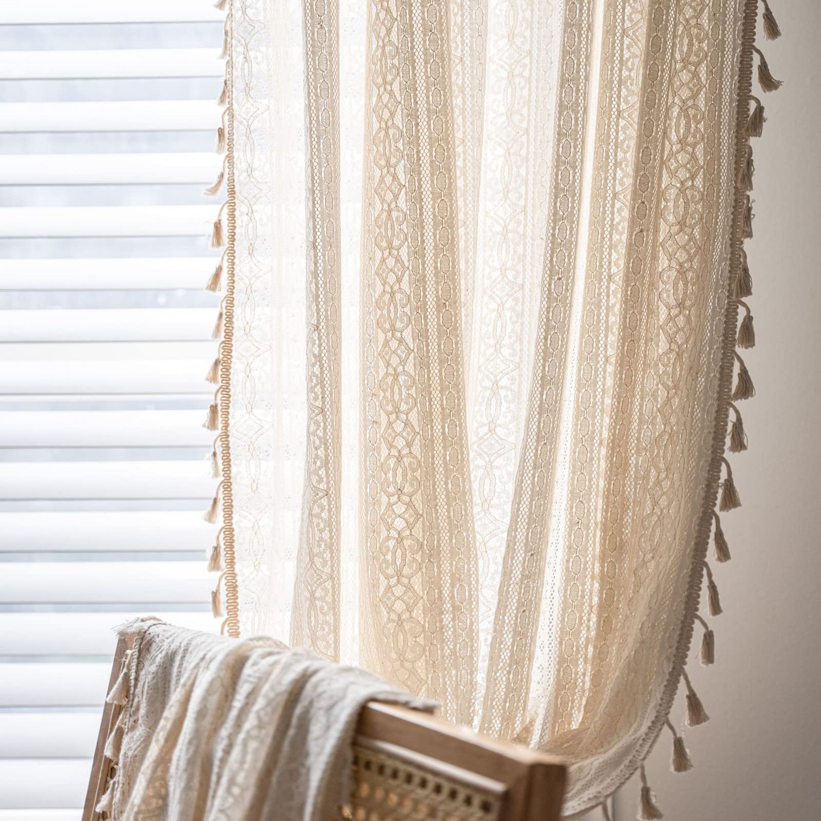 USTIDE White Boho Voile Curtain 150x220cm, Crochet Sheer Panel with Tassels for Light Filtering, Farmhouse Net Drapes for Bedroom & Living Room, 1 Panel — image 1