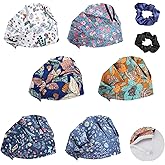 CEYAZYE 6 Pcs Bouffant Scrub Caps with 2 Satin Scrunchies, Adjustable Surgical Cap with Button and Sweatband, Printed Nursing Working Hats for Women Men, Multicolored Elastic Hair Covers, 6 Styles