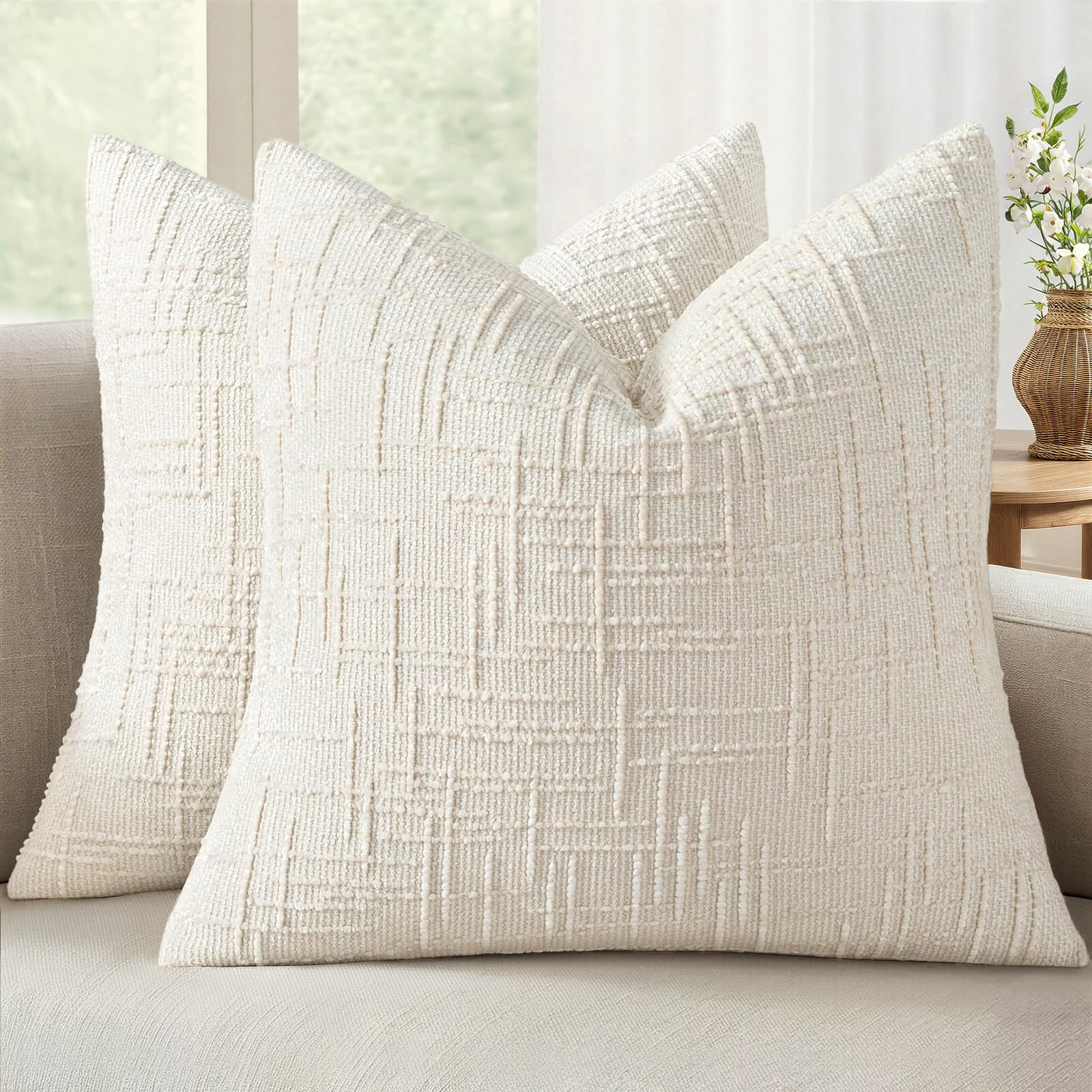 Photo 1 of ********STAINED*******
MIULEE Textured Throw Pillow Covers Thick Chenille Decorative Pillows Cream White 18x18 Inch Set of 2 Modern Boho Farmhouse Home Decor Neutral Cushion Covers for Couch Sofa Living Room Bedroom